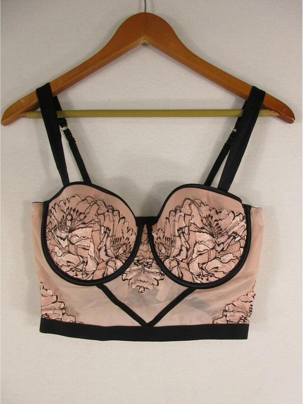 Auden Longline Bustier Bra Womens M Nude Black Lace Underwire Sheer Adjustable